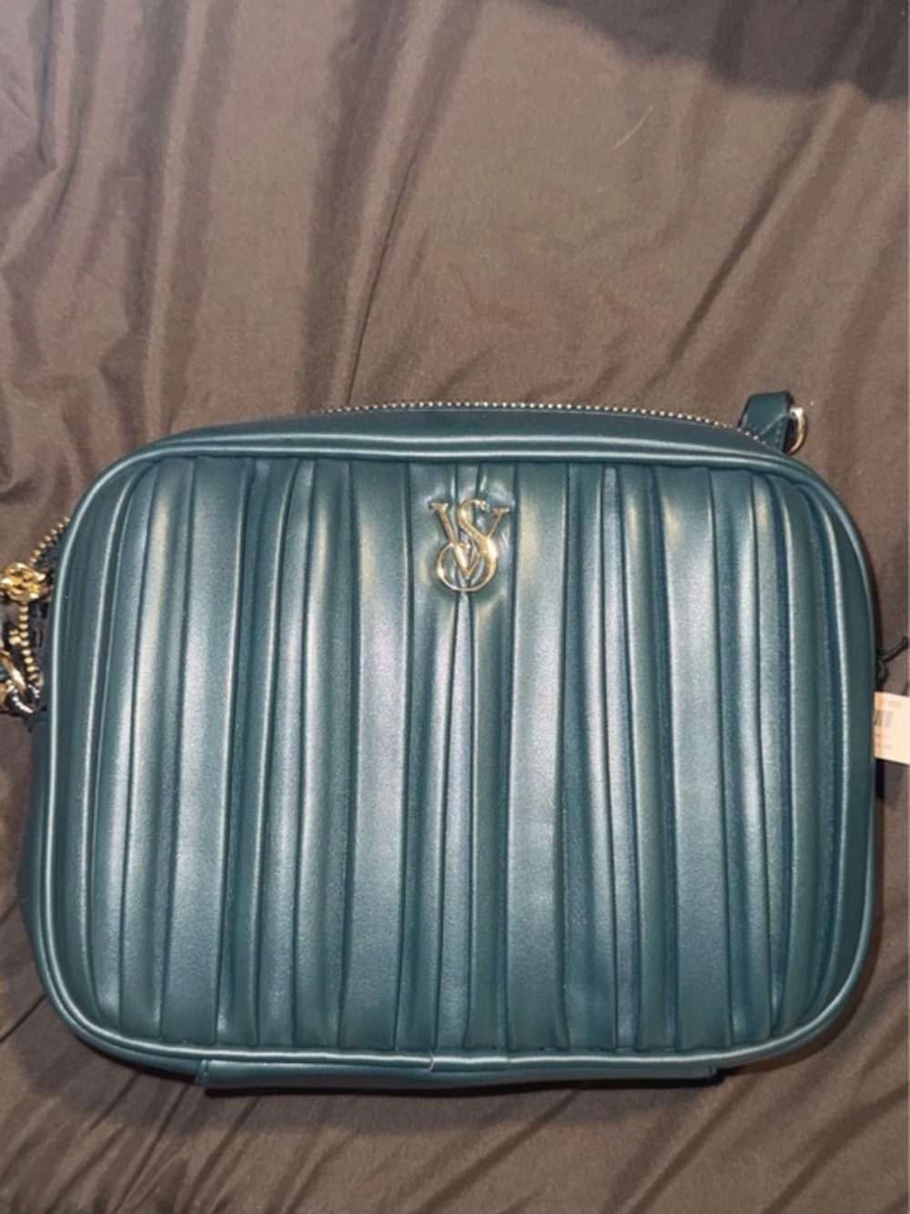 Victoria's Secret Teal Vertical-Quilt Crossbody with Gold Logo
